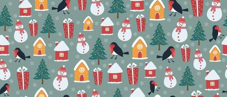 Seamless Christmas pattern with snowman, tit, and snow-covered houses. vector