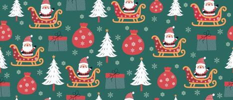 Christmas seamless pattern with Santa Claus, Christmas tree and gifts on a green background. Happy New Year pattern. vector