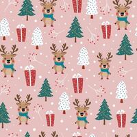 Seamless Christmas pattern with deer and New Year trees. Holiday design for packaging, fabric, cover. vector