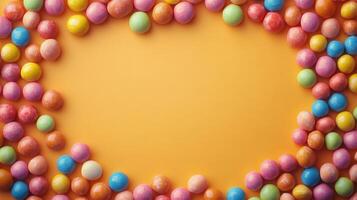 Brightly colored candies arranged on an orange background for a festive dessert display photo