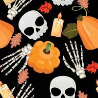 Spooky Halloween background with skulls, pumpkins, skeleton hands, candles and leaves on a dark background. Seamless pattern vector