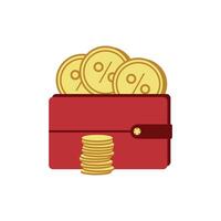 Red wallet with coins and percent sign. Flat illustration of dollars icon for web design. Money icon isolated on white background for your web and mobile app design, Money vector