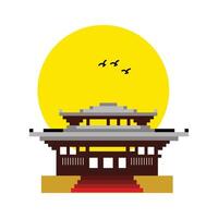 Japanese temple on the background of the sun. A temple or shrine of Japanese traditional treasure. A hallmark of the nation long, treasured history, vector