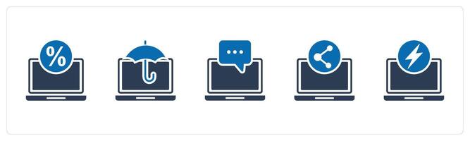 A set of 5 Internet icons as online shopping, laptop protection, online conversation vector