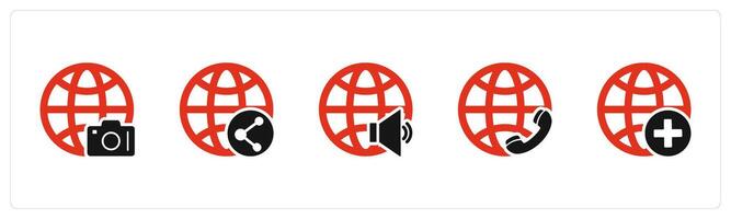 A set of 5 Internet icons as global image, global share, global volume vector