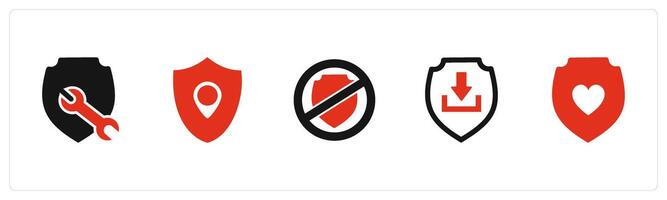A set of 5 Internet icons as shield maintenance, location shield, shield prohibited vector