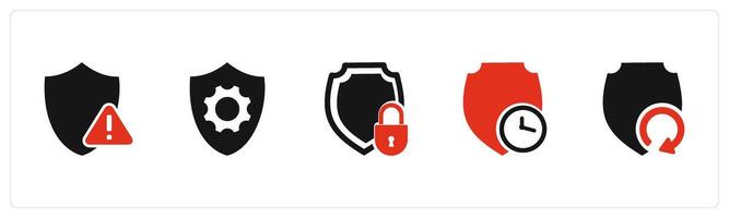 A set of 5 Internet icons as shield error, security setting, security, shield time vector