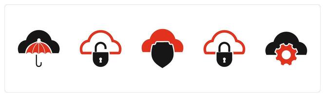 A set of 5 Internet icons as cloud insurance, cloud security, cloud setting vector