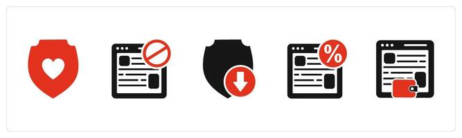 A set of 5 Internet icons as favorite shield, webpage prohibited, download shield vector