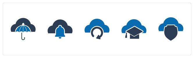 A set of 5 Internet icons as cloud security, cloud notification, update cloud vector
