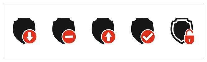 A set of 5 Internet icons as download shield, remove shield, upload shield vector