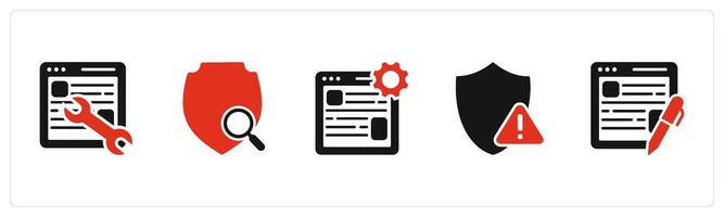 A set of 5 Internet icons as webpage maintenance, shield search, webpage settings vector