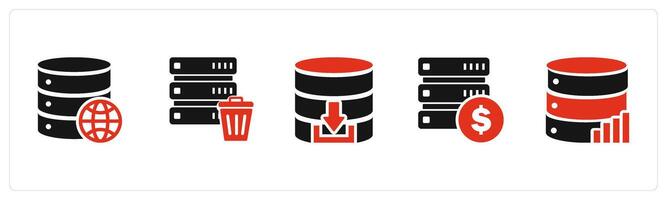 A set of 5 Internet icons as global server, trash server, download server vector