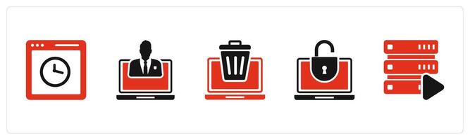 A set of 5 Internet icons as webpage time, private laptop, remove laptop vector