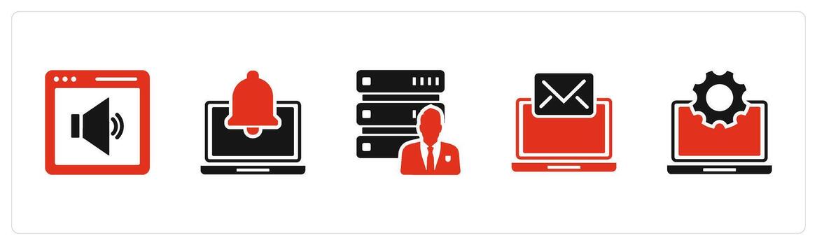 A set of 5 Internet icons as online volume, laptop notification, server owner vector