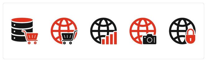 A set of 5 Internet icons as server cart, global cart, global statistics vector