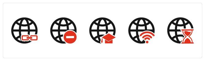 A set of 5 Internet icons as link global, remove globe, global education vector