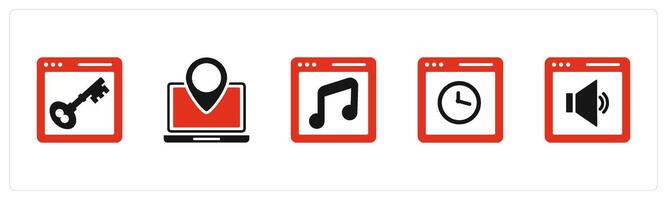A set of 5 Internet icons as webpage protection, laptop location, online music vector