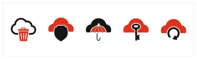 A set of 5 Internet icons as trash cloud, cloud security, cloud insurance vector