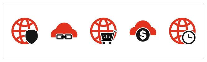 A set of 5 Internet icons as global security, link cloud, global cart vector
