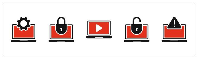 A set of 5 Internet icons as laptop settings, laptop protection, online vector