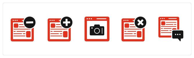 A set of 5 Internet icons as remove webpage, create webpage, online photography vector