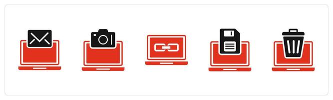 A set of 5 Internet icons as online conversation, online photography, link laptop vector