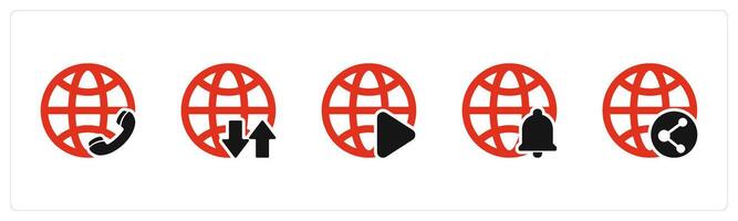 A set of 5 Internet icons as international call, global synchronize, global vector