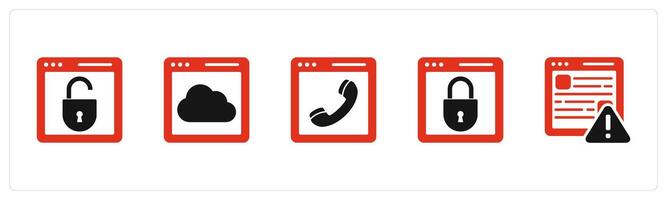 A set of 5 Internet icons as webpage protection, cloud webpage, online call vector