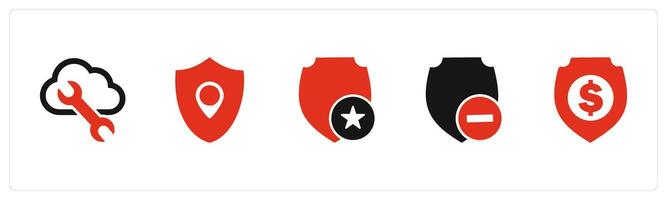 A set of 5 Internet icons as cloud setting, location shield, favorite shield vector