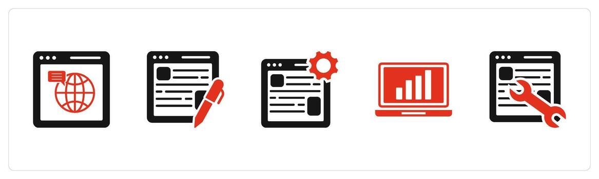 un conjunto de 5 5 Internet íconos como web navegador, editar Página web, página web ajustes vector