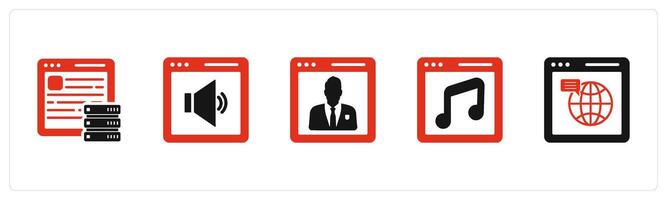 A set of 5 Internet icons as hosting, online volume, user details vector