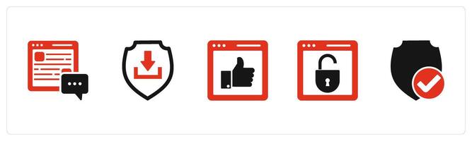 A set of 5 Internet icons as webpage reviews, download shield, like webpage vector