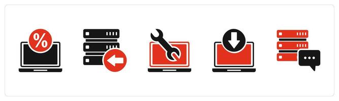 A set of 5 Internet icons as online shopping, receive server, laptop maintenance vector