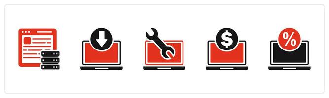 A set of 5 Internet icons as hosting, download laptop, laptop maintenance vector