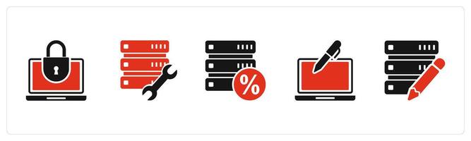 A set of 5 Internet icons as laptop protection, server maintenance, server discount vector