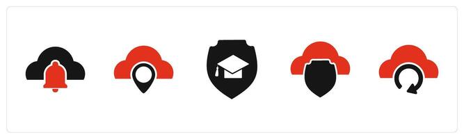 A set of 5 Internet icons as cloud notification, cloud location, education security vector
