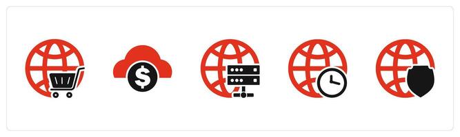 A set of 5 Internet icons as global cart, finance cloud, global server vector