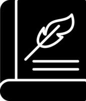 A black and white image of a book with a feather vector