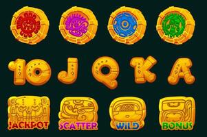Golden set of 12 slot symbols Mayan or Aztec theme. Ui element for your gambling. Icons for 2D Games and Casino or Slots. Graphic elements for the development of slot machines vector