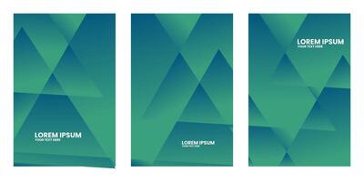 Three abstract rectangular shapes with overlapping triangles in shades of green. vector