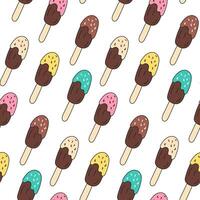 Ice Cream with chocolate glaze and sweet sprinkles patterns endless. Cold colorful dessert, popsicle on stick. Seamless pattern for wallpaper, fabric, packaging, background. vector