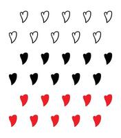 Set of seamless hand drawn line art, silhouette and red heart doddles pattern illustration isolated on white background vector