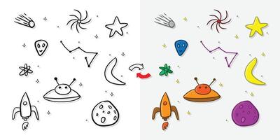 Hand drawn space elements icons pattern, space doodle background illustration with space rocket, alien ship, planet, and stars vector
