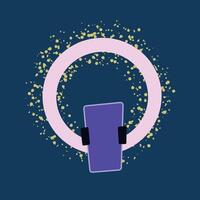 Light ring for bloggers, streamers, and creators, ideal for filming or gaming content. illustration on dark background, doodle in flat design, for online media and streaming setups vector
