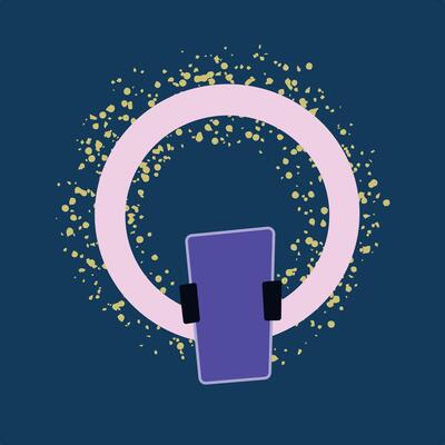 Light ring for bloggers, streamers, and creators, ideal for filming or gaming content. illustration on dark background, doodle in flat design, for online media and streaming setups