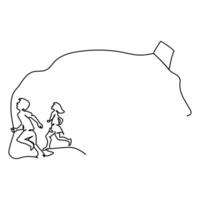 Continuous one line drawing of boy kid playing kite. vector