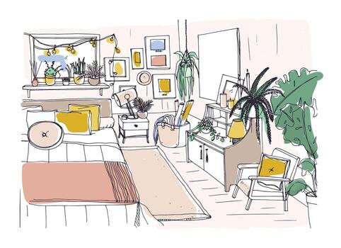 Freehand sketch of comfortable bedroom furnished in Scandinavian style. Room full of stylish and cozy furniture and home decorations. Modern apartment interior design. Hand drawn illustration vector