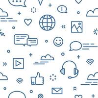 Seamless pattern with social media and networking, global internet communication, chatting and instant messaging symbols on white background. illustration in line art style for wallpaper vector