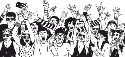 Crowd of excited people or music fans with raised hands. Spectators or audience of summer open air festival hand drawn with black contour lines on white background. Monochrome illustration vector